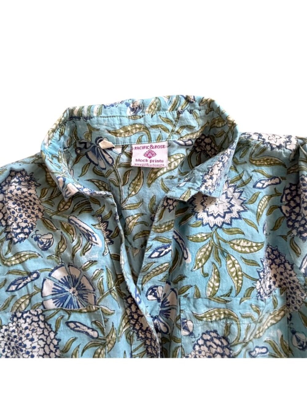 Pacific & Rose Womens Floral Button Front Blouse-Roll Tab Sleeves-Blue-M-GUC - Picture 4 of 7